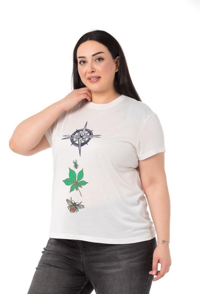 Disentis Modest Büyük Pusula Baskılı Bisiklet Yaka Beyaz T-Shirt