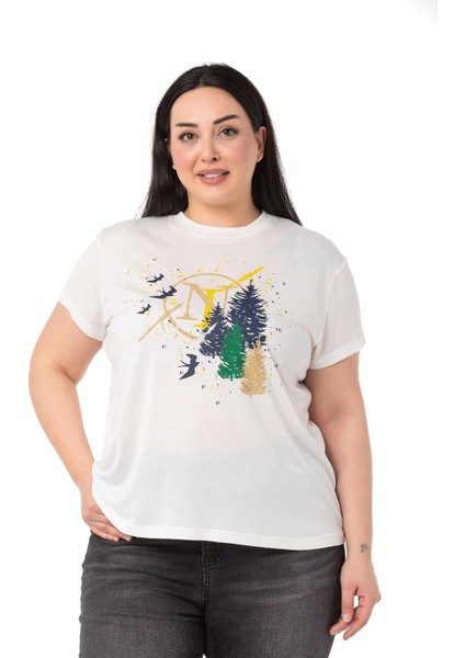 Disentis Modest Büyük Ağaç Baskılı Bisiklet Yaka Beyaz T-Shirt