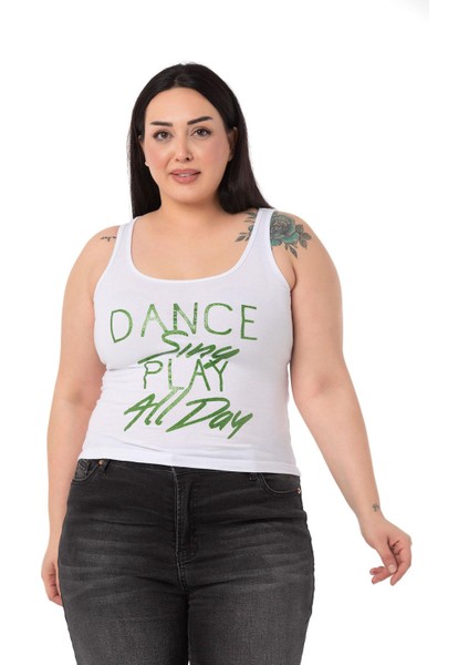 Büyük Askılı Yazılı Beyaz Yeşil T-Shirt