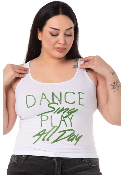 Büyük Askılı Yazılı Beyaz Yeşil T-Shirt fırsatları