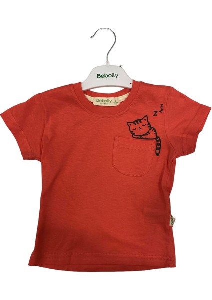 T-Shirt Uykucu Kedi Baskılı Mercan