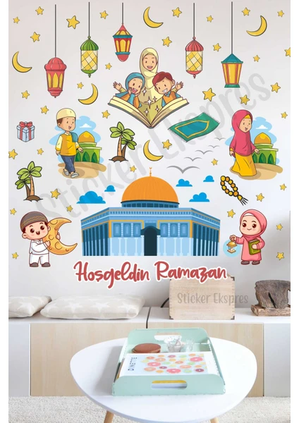 Sticker Ekspres Mescid-I Aksa Temalı Hoşgeldin Ramazan Cam Duvar Kapı Sticker Seti Ramazan Süsü