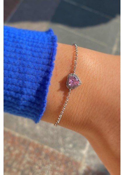 Gümüş Pembe Kalp Taşlı Kadın Bileklik IS23E253 fiyatları