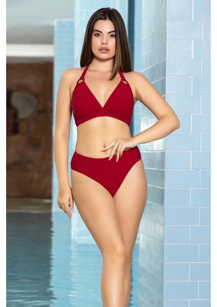 Kadın Kırmızı Halka Detaylı Boyundan Bağlamalı  Astarlı Büyük Üçgen Bikini Takım HZL24S-AR1763