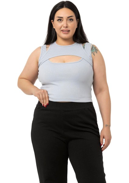 Büyük Beden Göğüs Dekolteli Fitilli Kaşkorse Gri Body