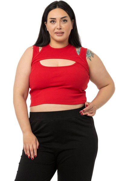 Büyük Beden Göğüs Dekolteli Fitilli Kaşkorse Kırmızı Body