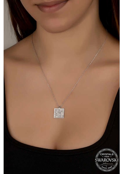 Swarovski Crystal Taşlı Kare Gümüş Kadın Kolye