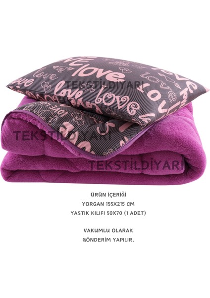 Çift Taraflı Welsoft Yorgan Tek Kişilik Mürdüm Love