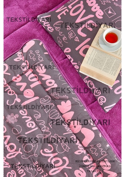 Çift Taraflı Welsoft Yorgan Tek Kişilik Mürdüm Love