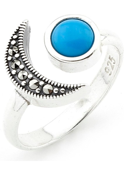 Gümüş 925 Ayar Kadın Ay Yıldız Yüzük Markazit Taşlı