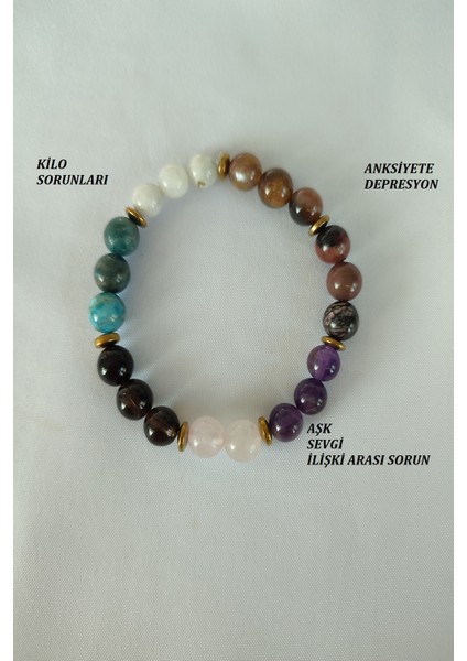 8 mm Pembe Kuvars, Ametist, Dumanlı Kuvars, Hematit,apatit, Rodonit, Lal, Ay Taşı Doğal Taş Bileklik