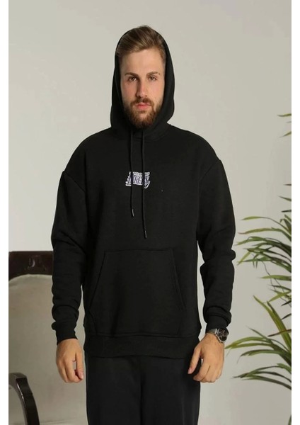 Erkek Baskılı Oversize Üç Iplik Kapüşonlu Sweatshirt - Siyah