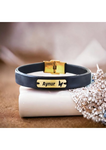 Aynur Isme 14 Ayar Altın Plaka Kelebek Tasarımlı Hakiki Deri BILEKLIK-D-.MB2013483SW-.X2013910