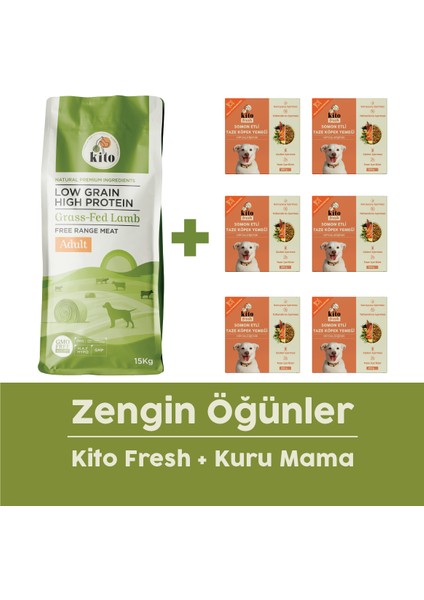 Yetişkin Köpek Maması 15 kg + Balık Etli Kito Fresh (Somon) x 6
