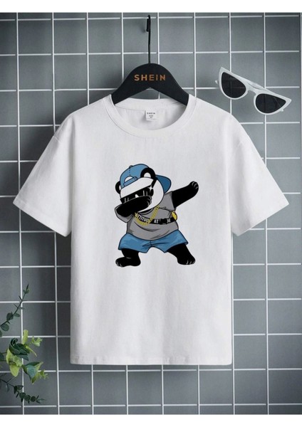 Erkek Çocuk Beyaz Panda Bisiklet Yaka Tshirt