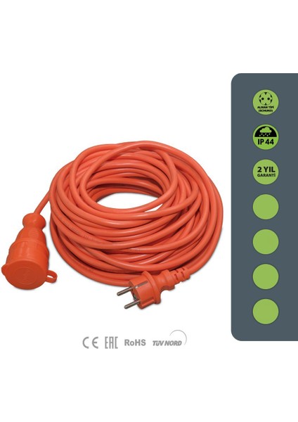 Bec Serisi IP44 Seyyar Uzatma Kablosu 20 Metre 3g2,5mm² (Türk Malı, Yüksek Darbe Dayanımı, Ev/ofis , Dış Mekan, Turuncu Kablo)