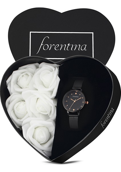 Siyah Hasır Bayan Kol Saati - Kalpli Güllü Kutu PS2735