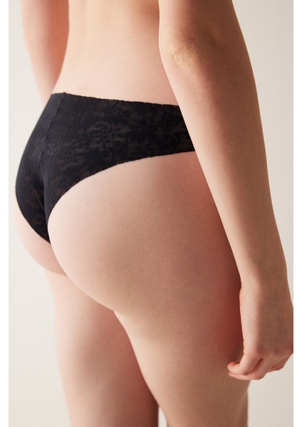#izbırakmaz Invisible Laser Cut Lacy Dantel Siyah Slip Külot