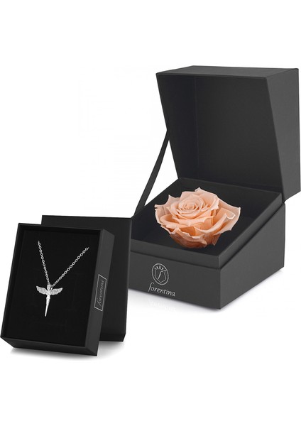 Gümüş Kaplama Melek Kolye &amp; Rose Solmayan Gül Hediye Set PS2756