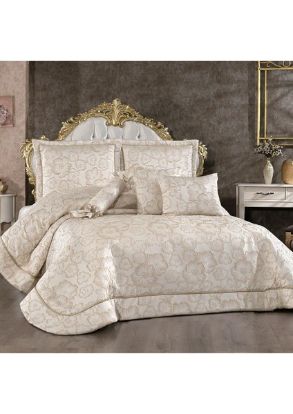 Elegante Rosalina Krem - Vizon Çift Kişilik Çeyizlik Yatak Örtüsü