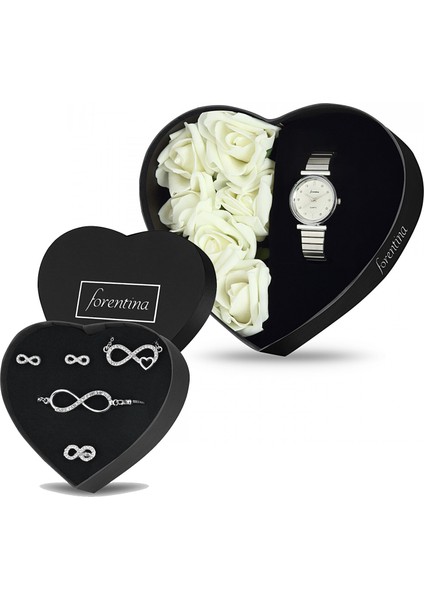Beyaz Güllü Kutuda Beyaz Bayan Kol Saati - Sonsuzluk Takı Seti PS2694
