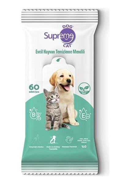 Supreme Yeşil Çaylı Kedi ve Köpek Temizleme Mendili 60 Adet