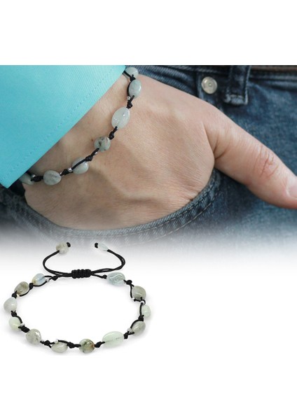 Makrome Örgülü Naturel Kesim Dorika Top Detaylı Aquamarin Doğaltaş Erkek Bileklik fiyatları