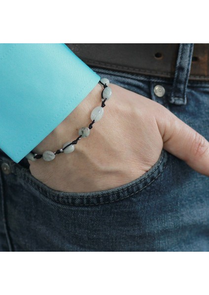 Makrome Örgülü Naturel Kesim Dorika Top Detaylı Aquamarin Doğaltaş Erkek Bileklik modelleri