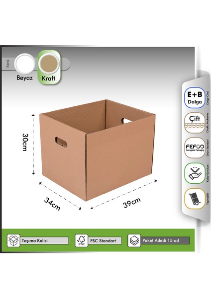 Arşiv Kolisi Gövde+Kapak Kraft 39X34X30 cm - 15 Adet