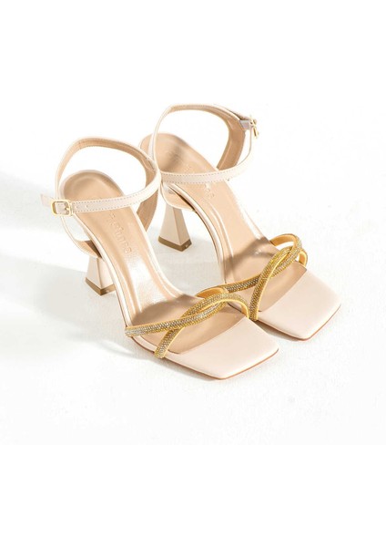 Taşlı Klasik Topuklu Ayakkabı Kalın Topuklu Önü Açık Yazlık Ayakkabı Bağlamalı Abiye Ayakkabı