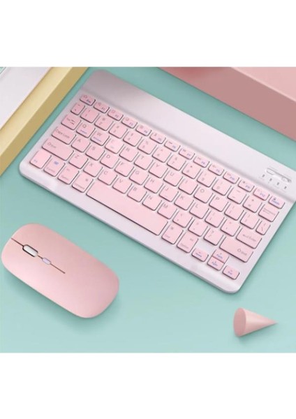 Xiaomi Redmi Pad 6 Pro 11" Uyumlu Kablosuz Bluetooth Şarj Edilebilir Mini Q Klavye Mouse Set - Pembe