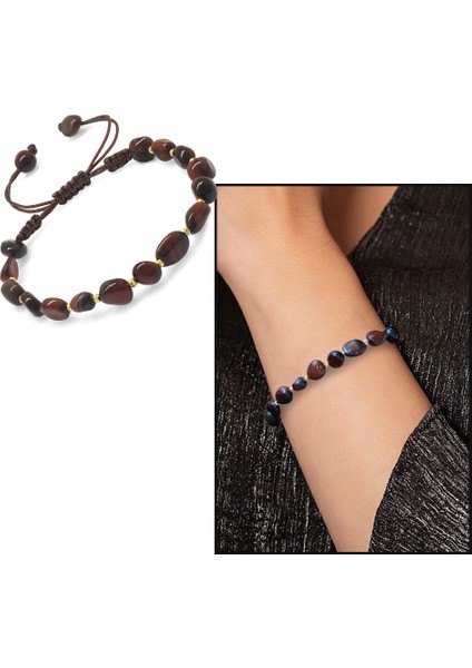 Makrome Örgülü Naturel Kesim Koyu Renk Kaplangözü Doğaltaş Kadın Bileklik fiyatları