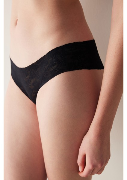 #izbırakmaz Invisible Laser Cut Lacy Cheeky Dantel Siyah Hipster Külot