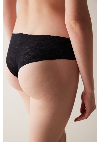 #izbırakmaz Invisible Laser Cut Lacy Cheeky Dantel Siyah Hipster Külot