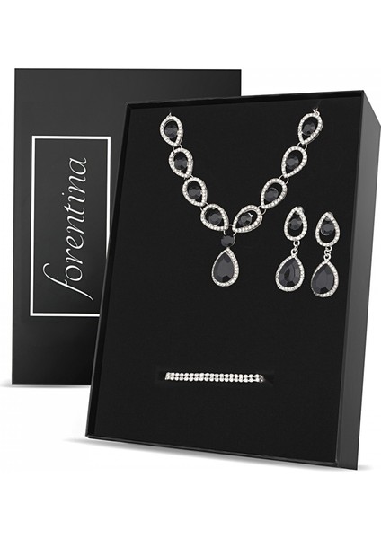 Gümüş Renk Siyah Taşlı Kolye Küpe Bileklik Takı Seti PS2790