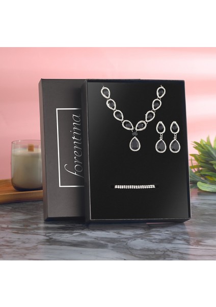 Gümüş Renk Siyah Taşlı Kolye Küpe Bileklik Takı Seti PS2790 fiyatları