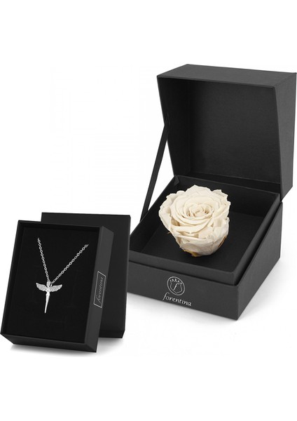 Gümüş Kaplama Melek Kolye &amp; Beyaz Solmayan Gül Hediye Set PS2752