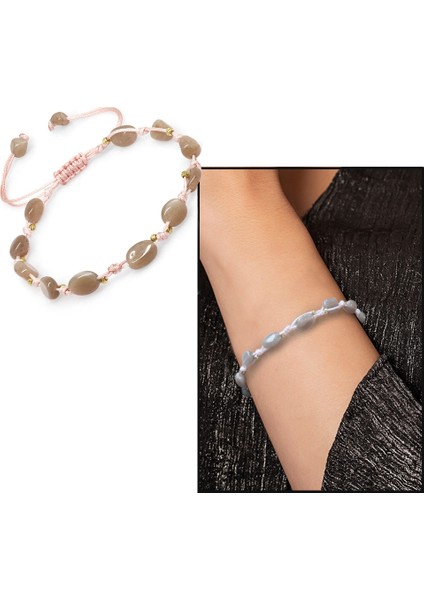 Makrome Örgülü Naturel Kesim Dorika Top Detaylı Güneş Taşı Doğaltaş Kadın Bileklik fiyatları