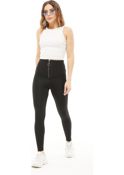 Fermuar Detaylı %100 Pamuk Kumaş Tayt