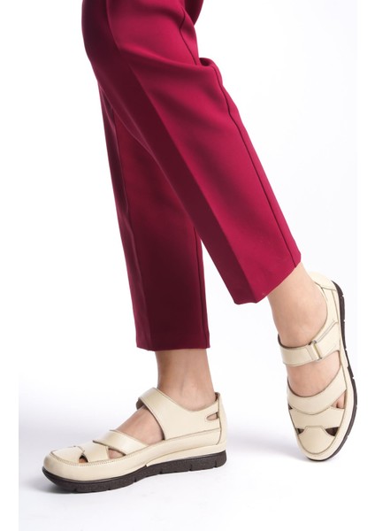 Deri Krem Günlük Kadın Sandalet TMD2024401 indirimleri