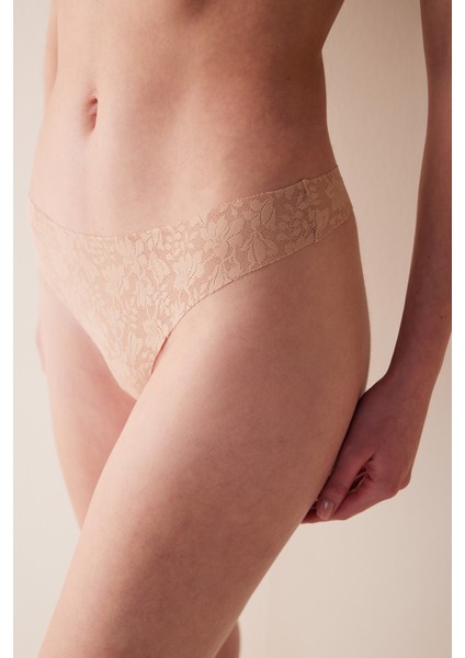 #izbırakmaz Invisible Laser Cut Lacy Dream Dantel Bej Tanga Külot