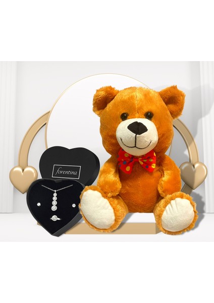 Kadın Tria Kolye Küpe Yüzük Set - Peluş Ayı Hediye Set PS2901