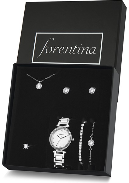 Gümüş Renk Tektaş Kolye Küpe Bileklik Saat Hediye Set PS2797