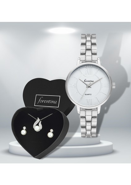 Gümüş Kaplama Inci Takı Seti Metal Kol Saati Hediye Set PS2966