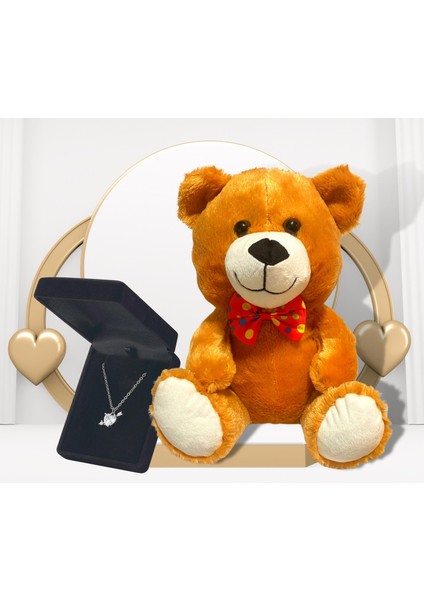 Kadın Zirkon Taşlı Kalp Kolye - Peluş Ayı Hediye Set PS2904