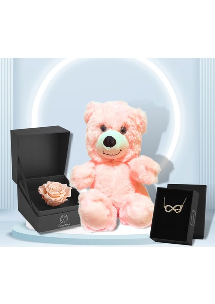 Sonsuzluk Kolye - Rose Solmayan Gül Peluş Ayı Hediye Set PS2906