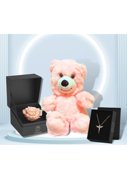 Rose Melek Kolye - Solmayan Gül - Peluş Ayı Hediye Set PS2907