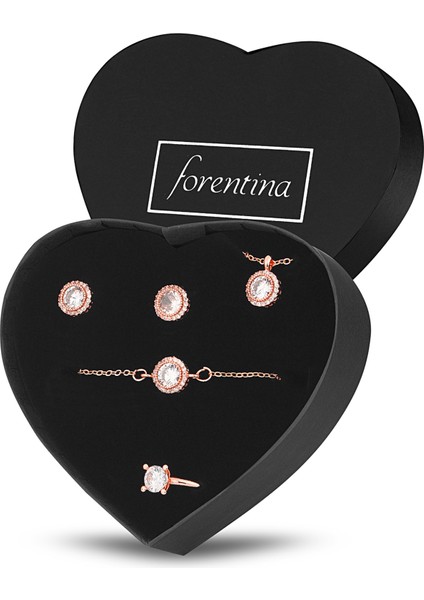 Rose Renk Zirkon Taşlı Tektaş Kolye Küpe Bileklik Yüzük Takı Seti PS2784