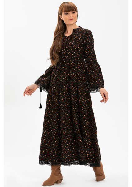 Uzun Kol Seçil Pazen Sonbahar ve Kışlık Uzun Elbise Çıtır Desen Siyah Syh