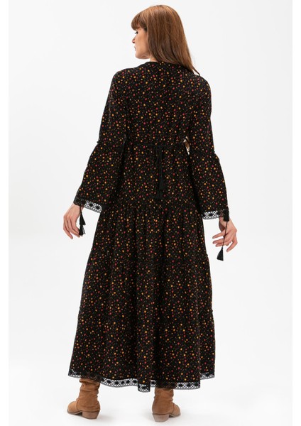 Uzun Kol Seçil Pazen Sonbahar ve Kışlık Uzun Elbise Çıtır Desen Siyah Syh fiyatları